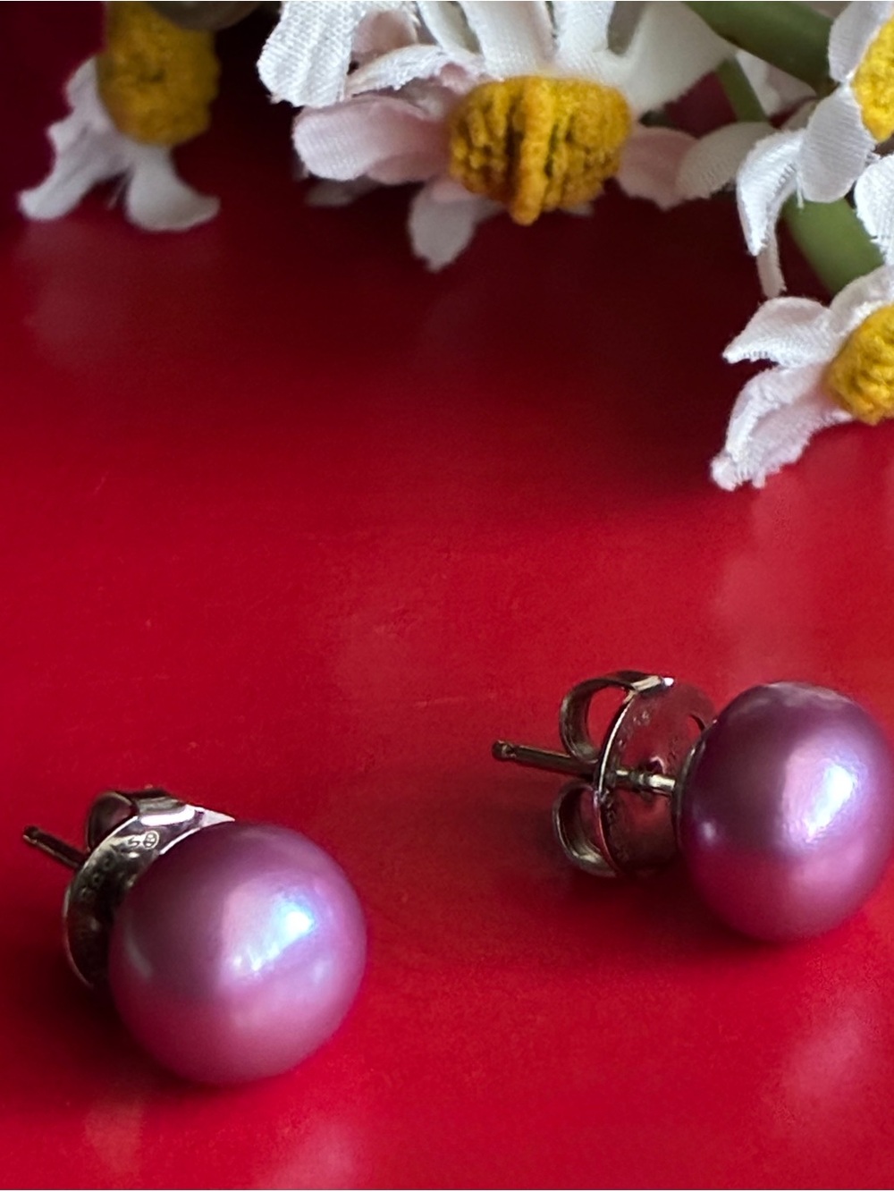 925 Silver Earrings,Purple Pearl Stud Earrings - Women Jewelry